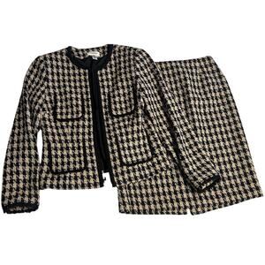 Talbots Houndstooth Tweed Blazer Skirt Set Sz 4 Wool Blend Pockets Zipper Front